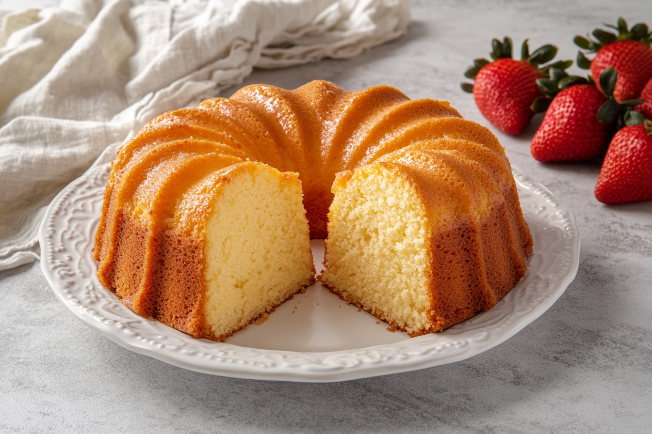 A perfectly sliced strawberry pound cake on a serving plate