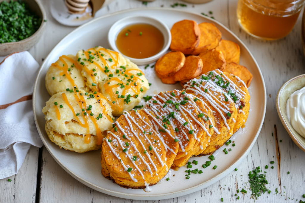 Sweet potato biscuits with cheddar and chives alongside another version topped with honey and powdered sugar.