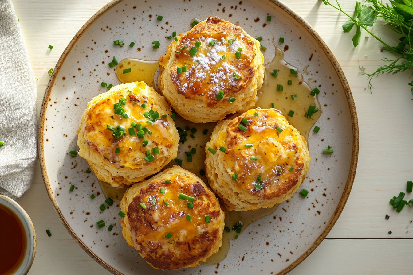 Sweet potato biscuits with cheddar and chives alongside another version topped with honey and powdered sugar