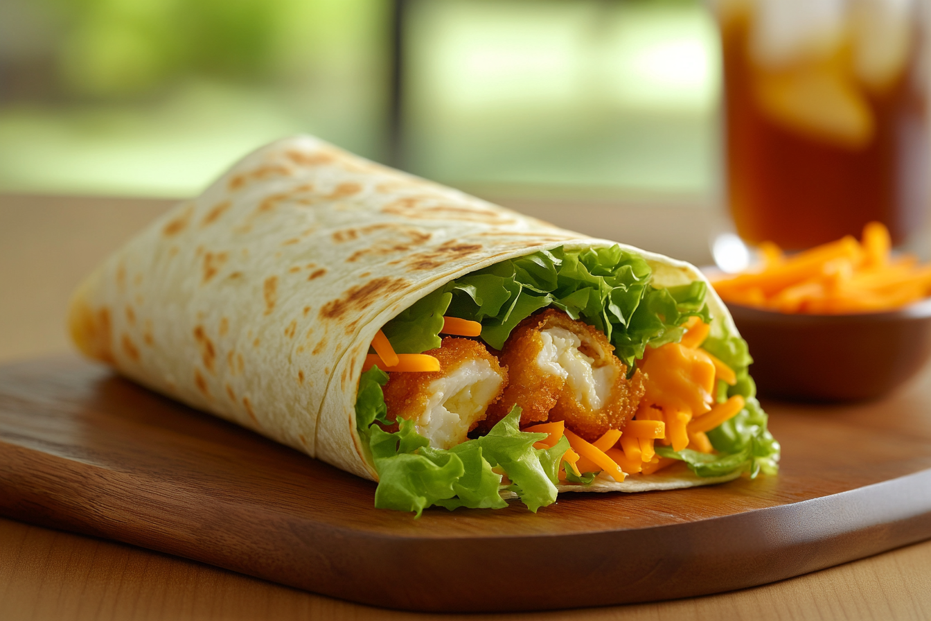 Grilled chicken Caesar wrap sliced in half, showing the filling with lettuce, chicken, and dressing