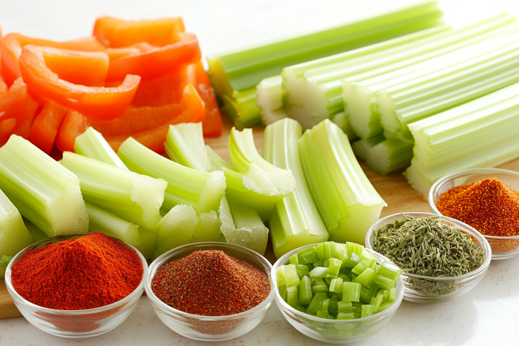 Close-up of okra, celery, onions, bell peppers, and spices on a cutting board