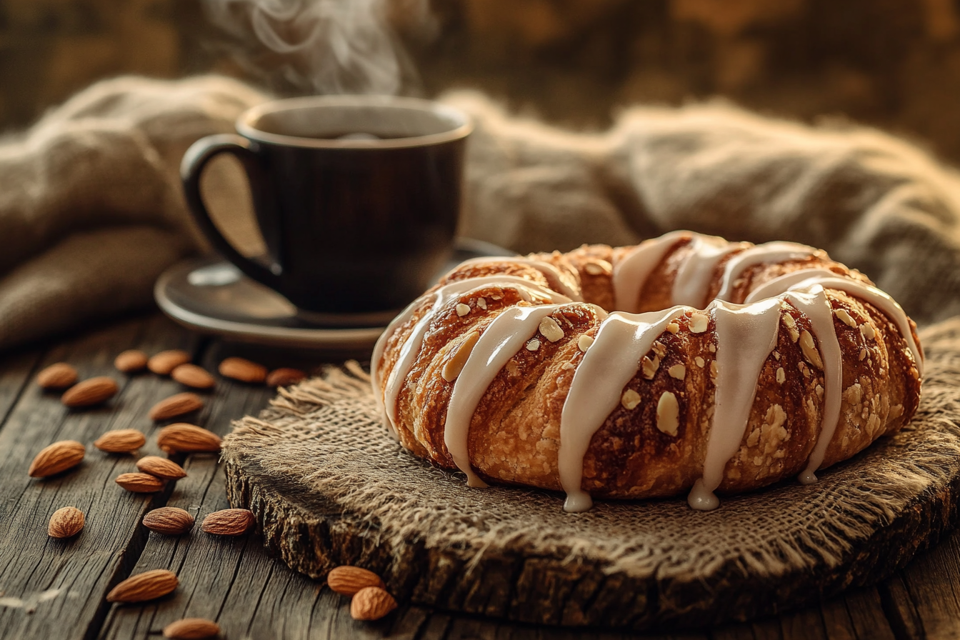 A beautifully presented almond Kringle Danish on a rustic wooden table with a cup of coffee."