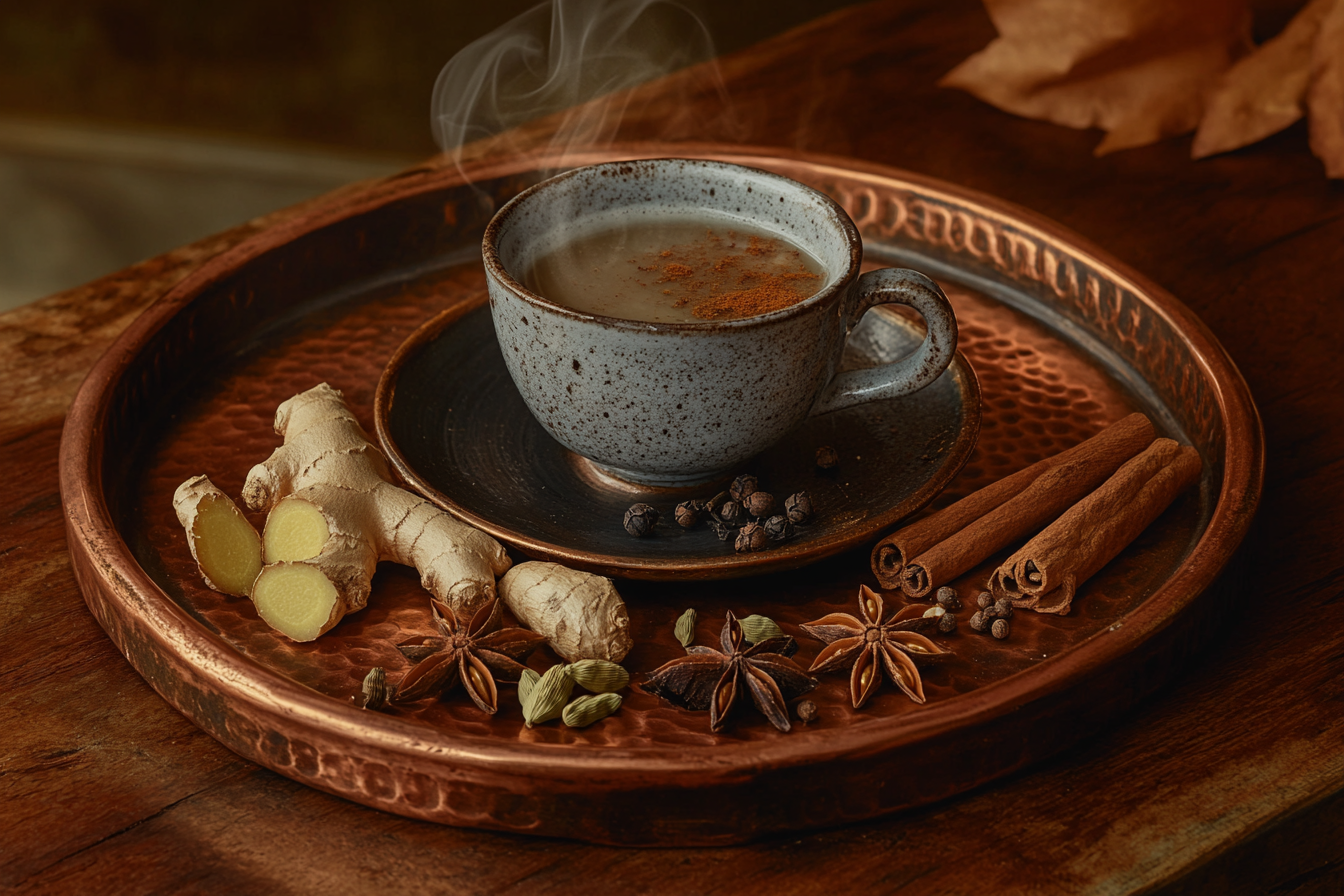 A traditional Indian chai tea setup with spices and a cup of tea on an antique tray.