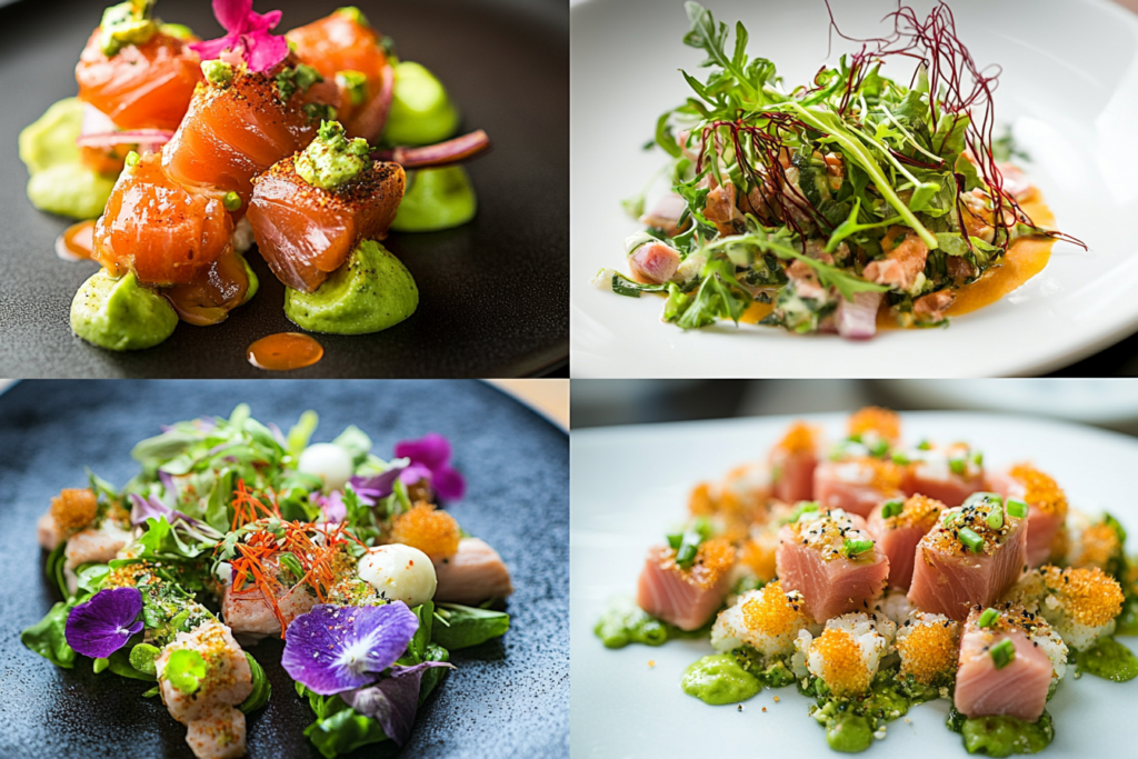 Variations of tuna salad with global influences, plated on different dishes.