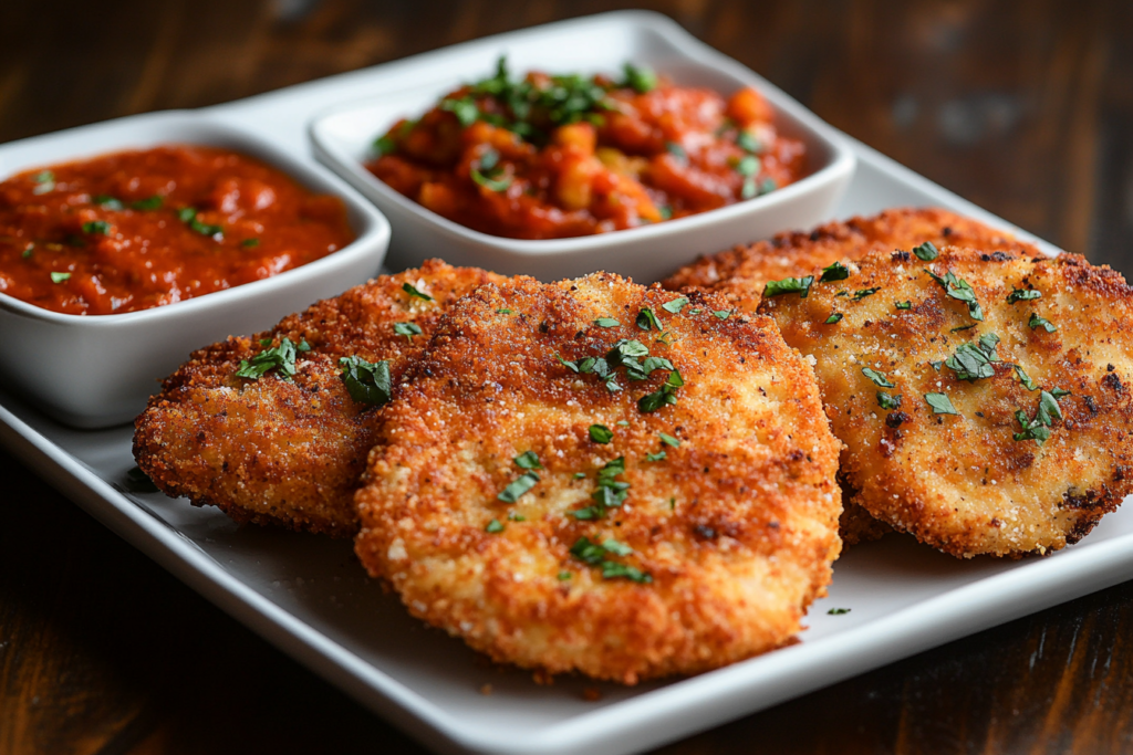 Three variations of breaded chicken cutlets on a platter