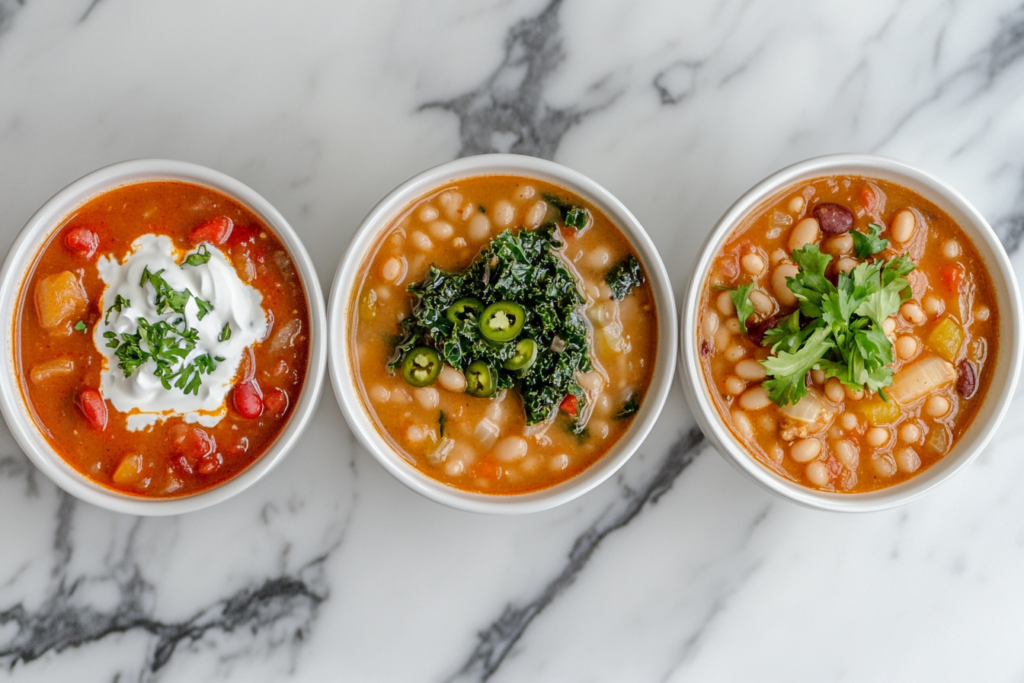  Variations of white bean turkey chili with different toppings and styles.