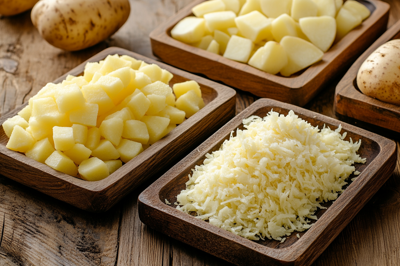 Different shapes of frozen breakfast potatoes, including diced, shredded, and sliced pieces.