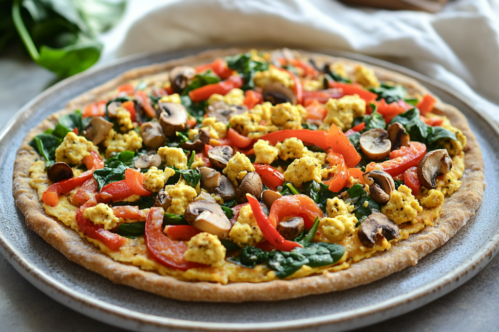 A vegan breakfast pizza with colorful vegetables and tofu scramble.