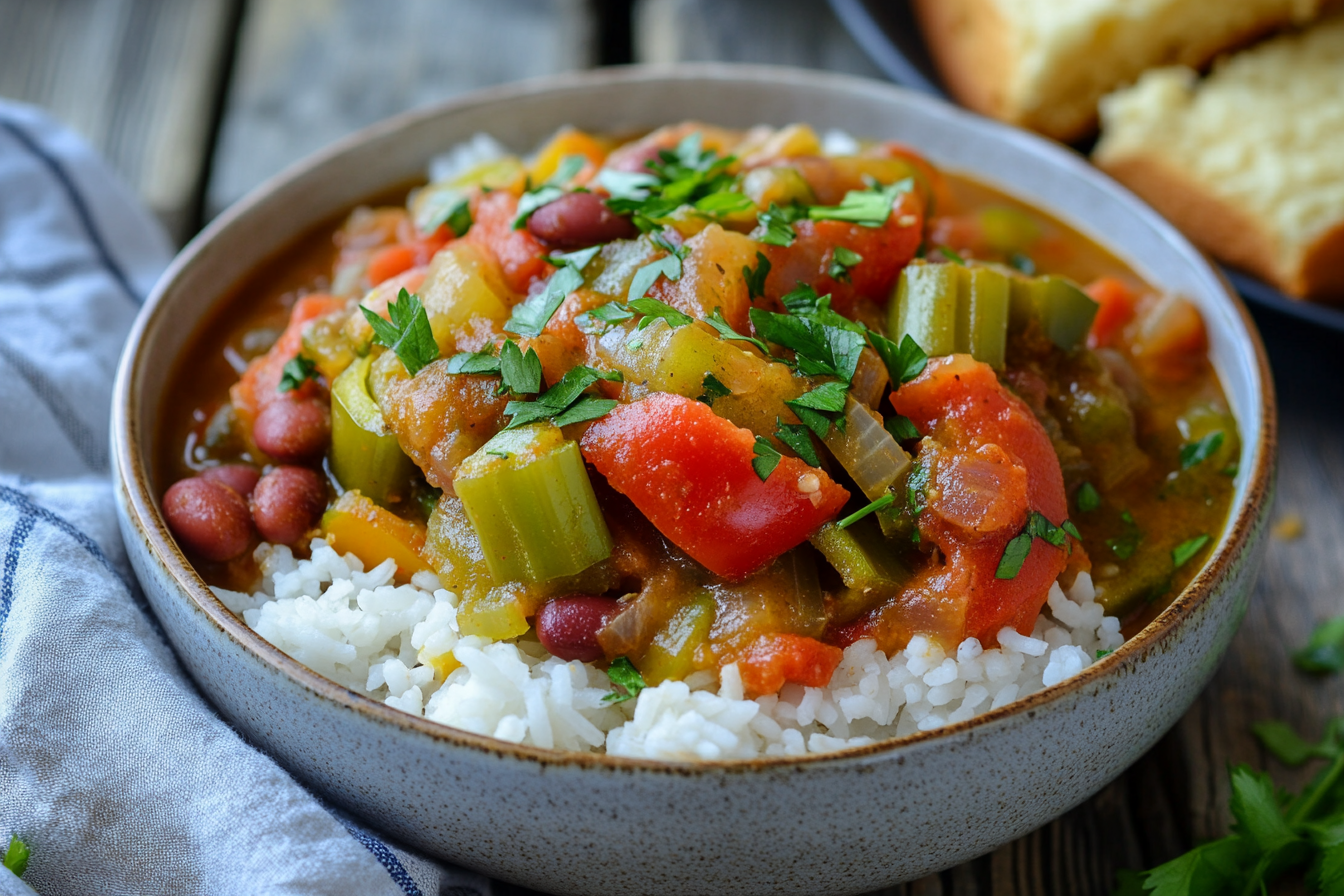 A steaming bowl of vegetarian gumbo filled with vibrant vegetables and spices.