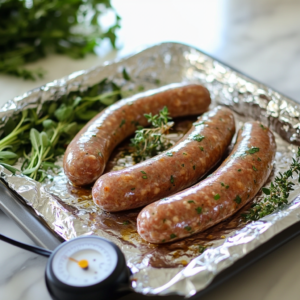 Raw Italian sausages arranged on a lined baking tray with a thermometer