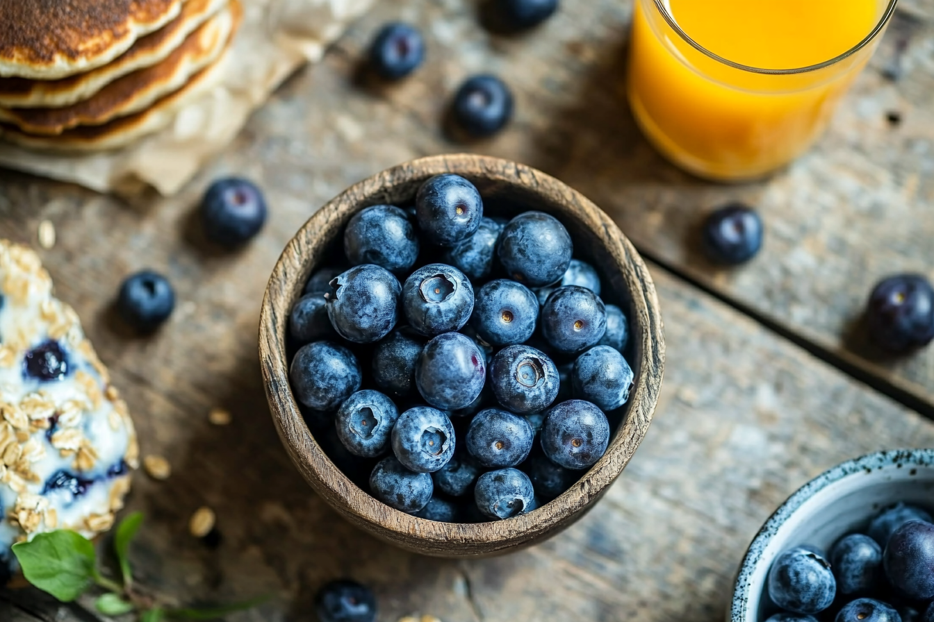 Blueberries with labeled nutritional benefits, such as antioxidants, vitamins, and fiber