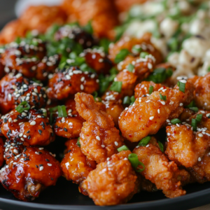 Different styles of chicken bites: fried, grilled, and spicy Korean.