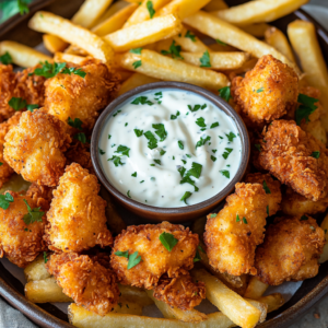 Chicken bites served with fries and ranch dipping sauce