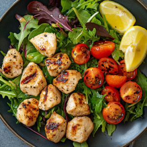 Grilled chicken bites with salad and lemon wedges