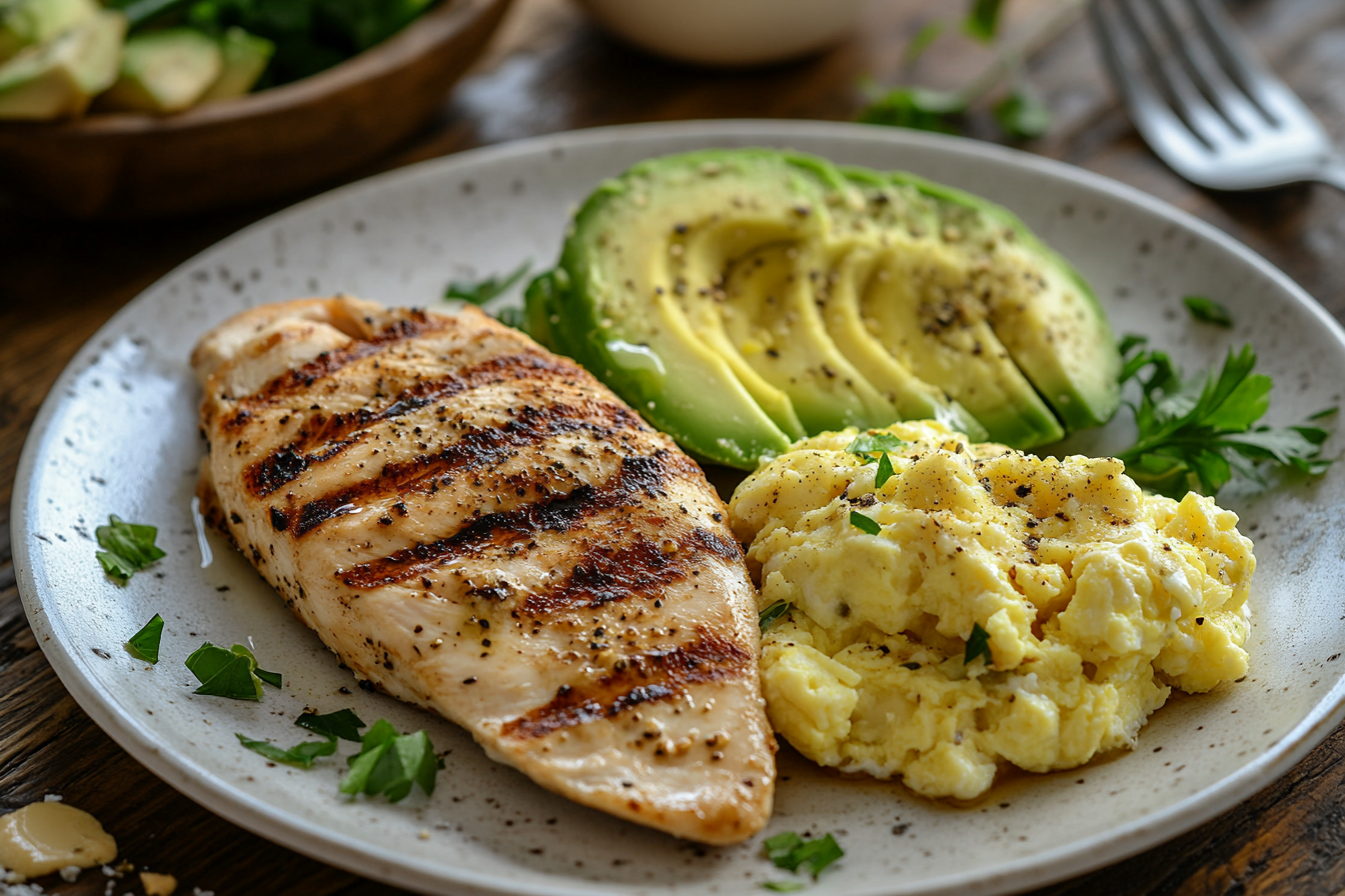 A hearty breakfast plate featuring grilled chicken breast, scrambled eggs, and fresh avocado slices.