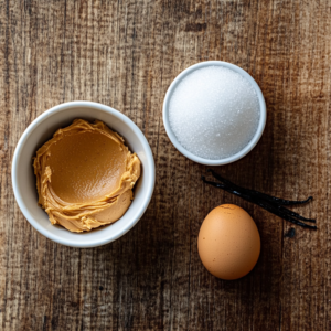 Four key ingredients for peanut butter cookies: peanut butter, sugar, egg, and vanilla