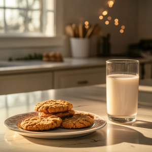 Peanut butter cookies served with a glass of milk.