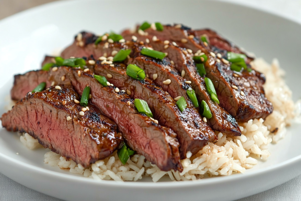 Asian-style flank steak served with rice