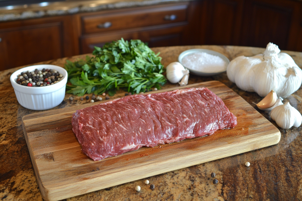 Raw flank steak on a cutting board with seasoning.