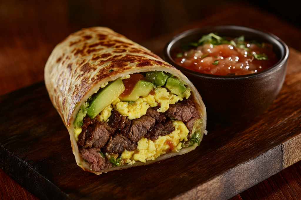 A close-up of a sliced ground beef breakfast burrito with eggs, cheese, and avocado inside.