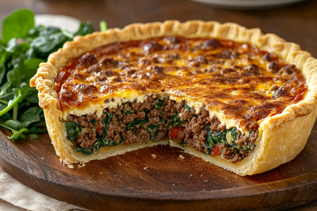 A golden-brown quiche with ground beef, spinach, and cheese, sliced to reveal the layers inside.