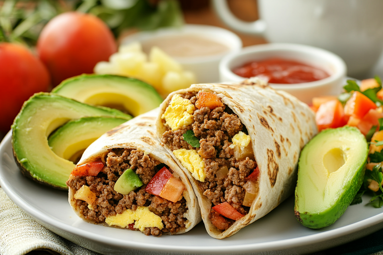 A delicious breakfast spread featuring ground beef dishes like burritos, scrambled eggs, and hash browns.