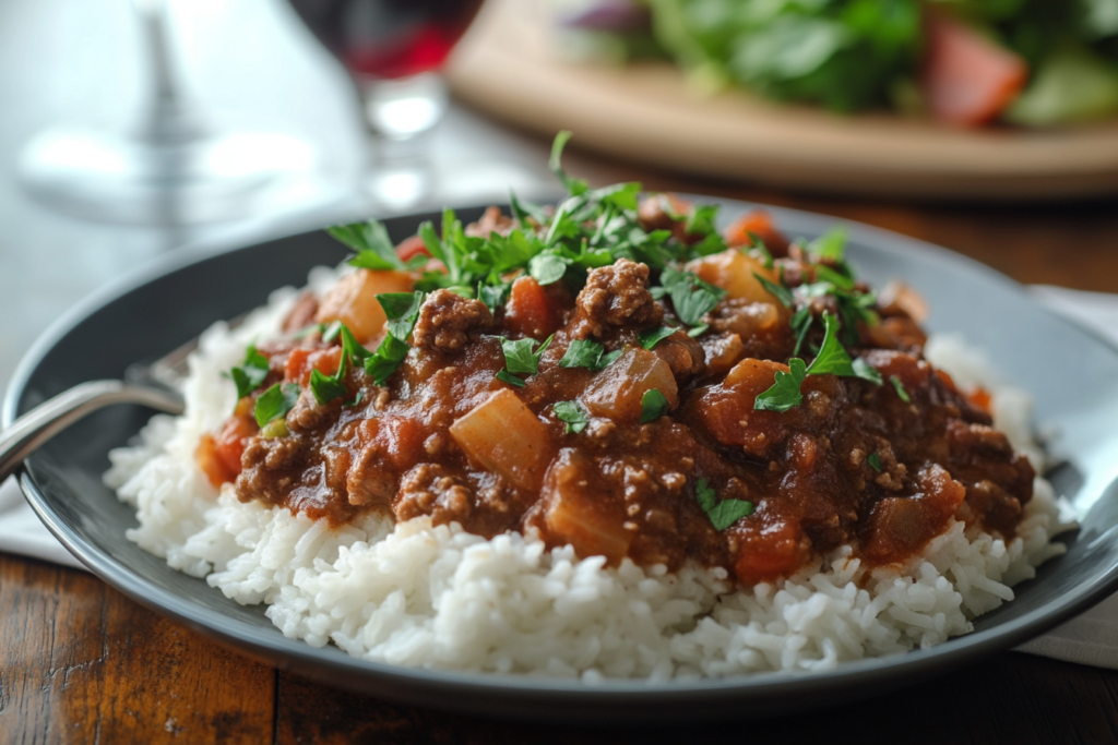 A serving of slow-cooked ground beef stew over rice with parsley garnish