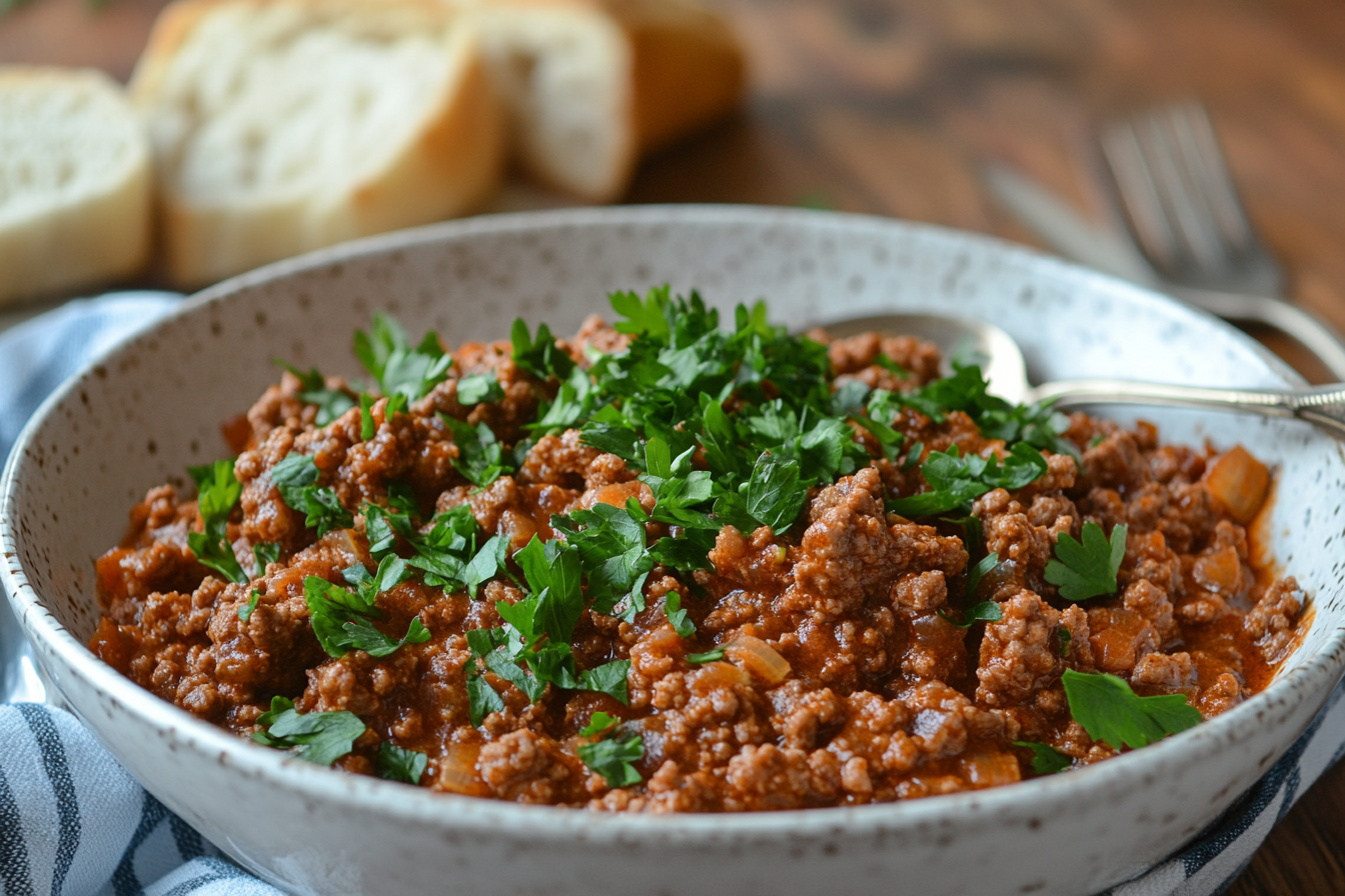 A hearty ground beef dish served in a bowl with fresh herbs.