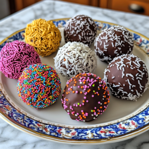 A platter showing different variations of peanut butter balls.