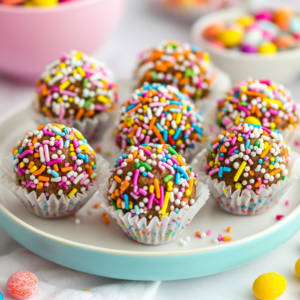 Peanut butter balls decorated with colorful sprinkles for kids