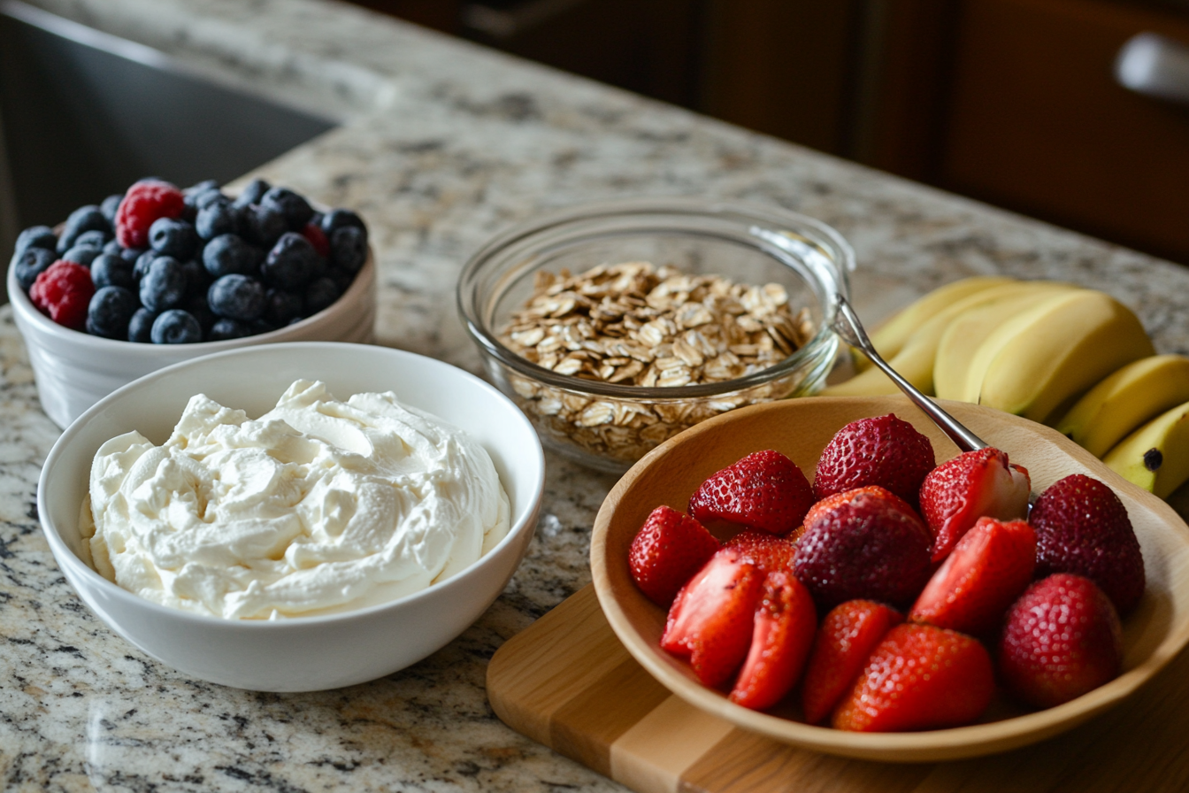 Ingredients for a healthy cheesecake laid out on a counter.