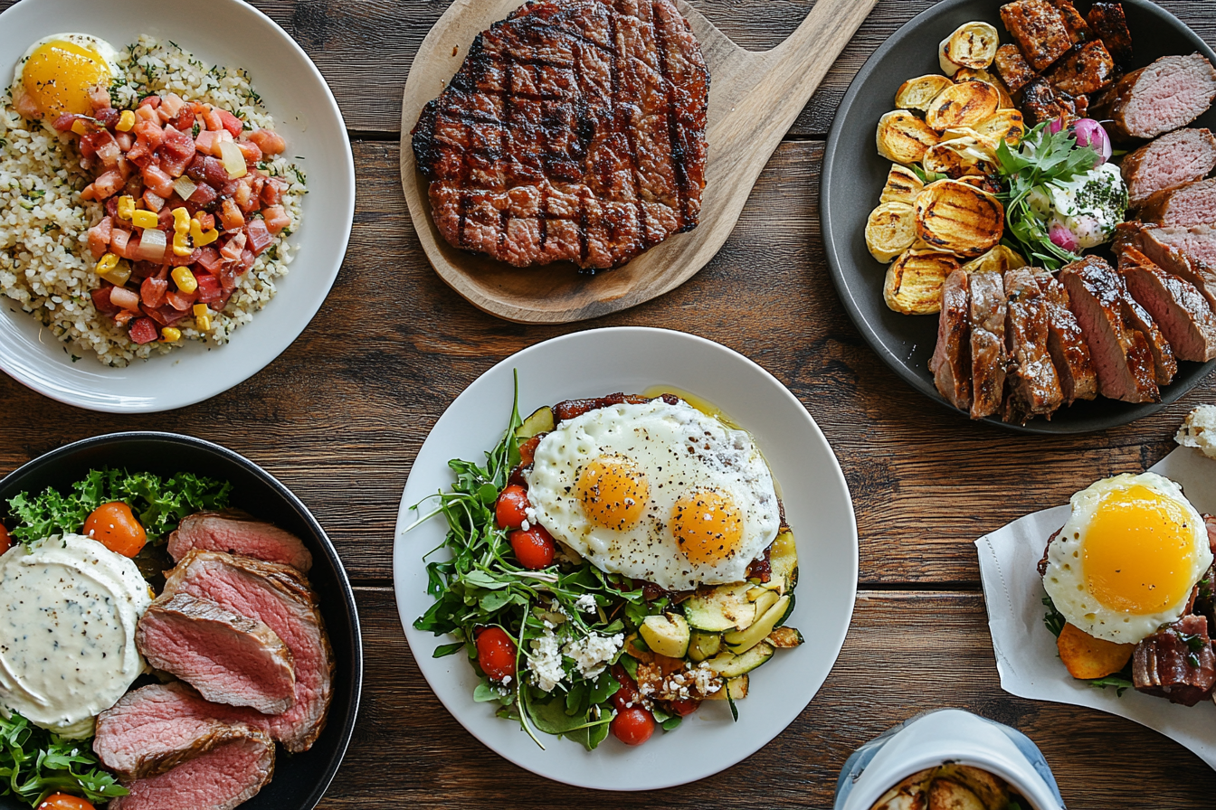 Assorted healthy meat breakfast dishes displayed on a table