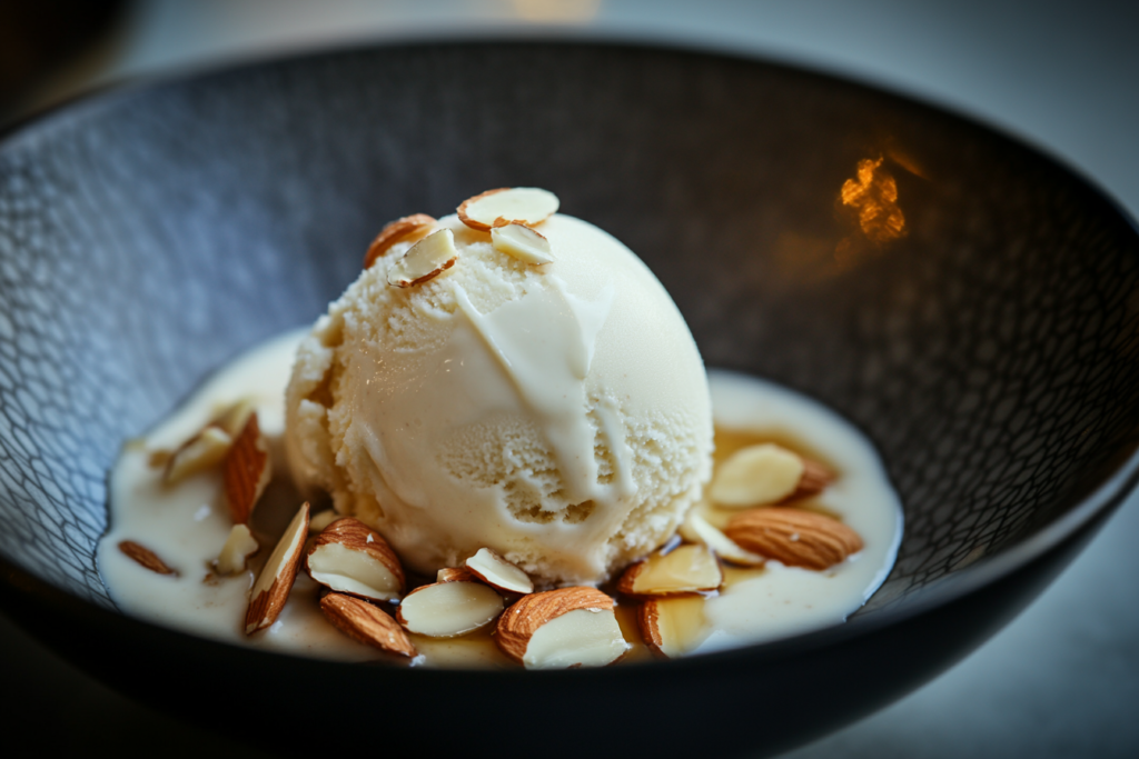 A scoop of creamy vanilla almond gelato in a small bowl