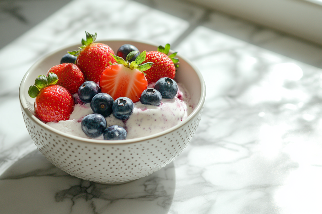 Bowl of creamy berry protein ice cream with fresh berries on top