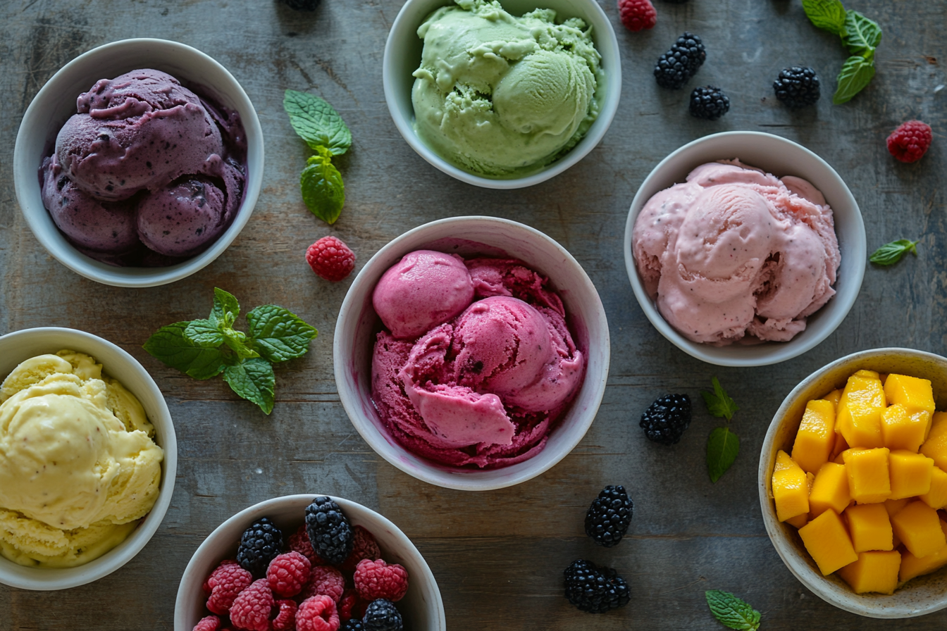 A variety of healthy Ninja Creami recipes in colorful bowls