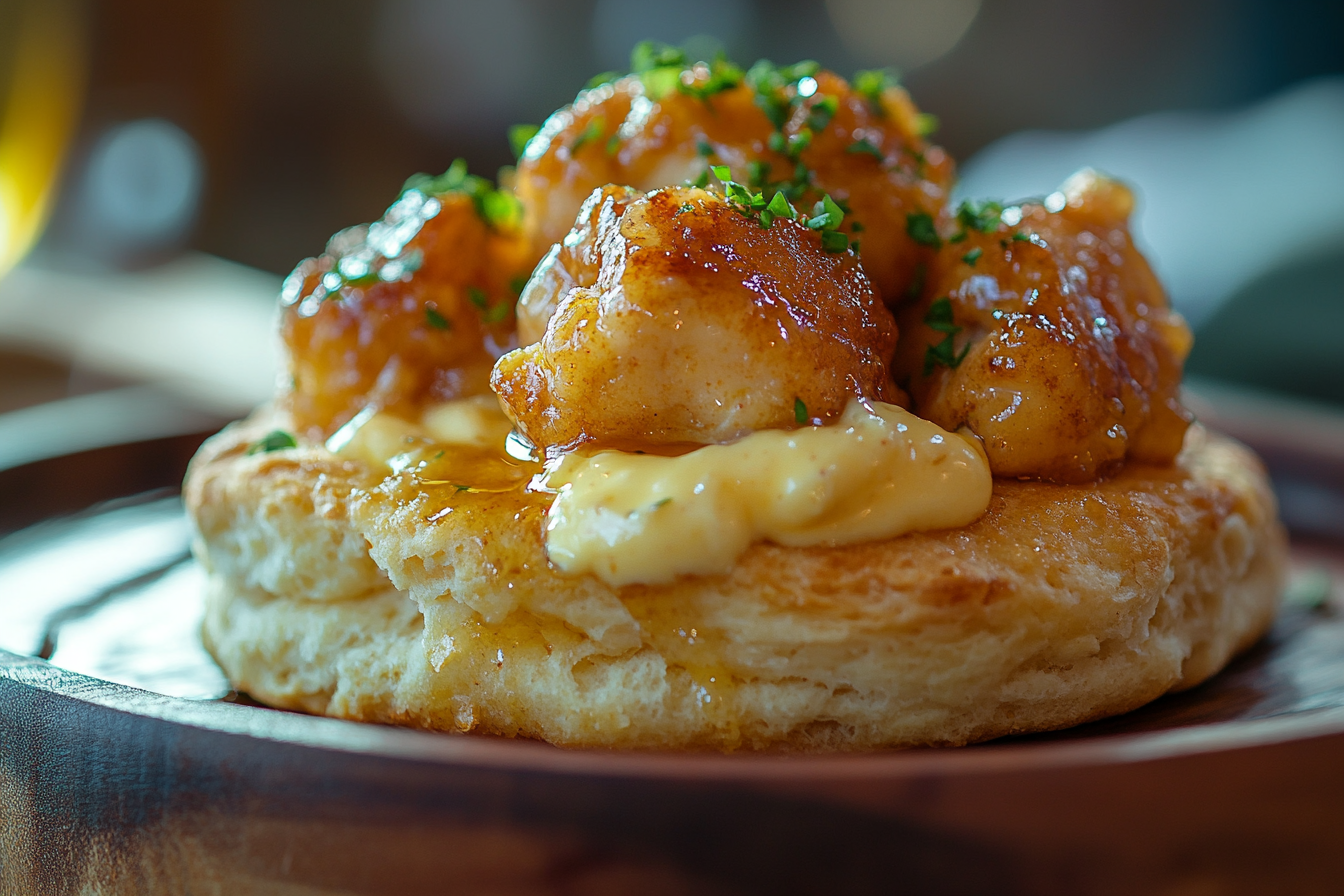 A golden honey butter chicken biscuit on a plate.