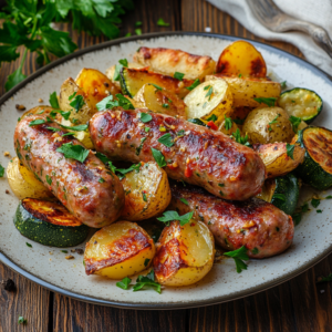 Baked Italian sausage served with roasted potatoes and zucchini.