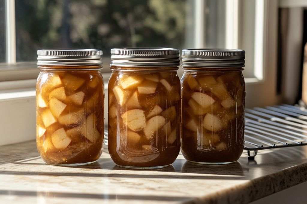 Cooled apple pie filling in a mason jar with a label