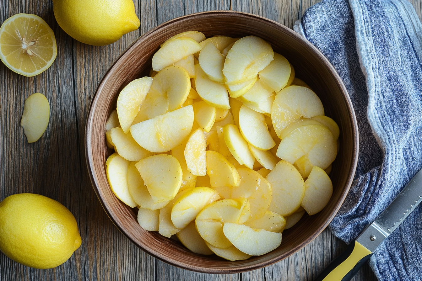 Sliced apples in a bowl with a peeler and lemon wedge