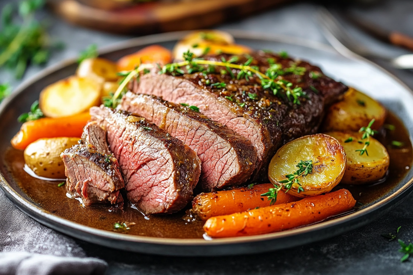 Sirloin tip roast served with vegetables and gravy on a rustic plate.