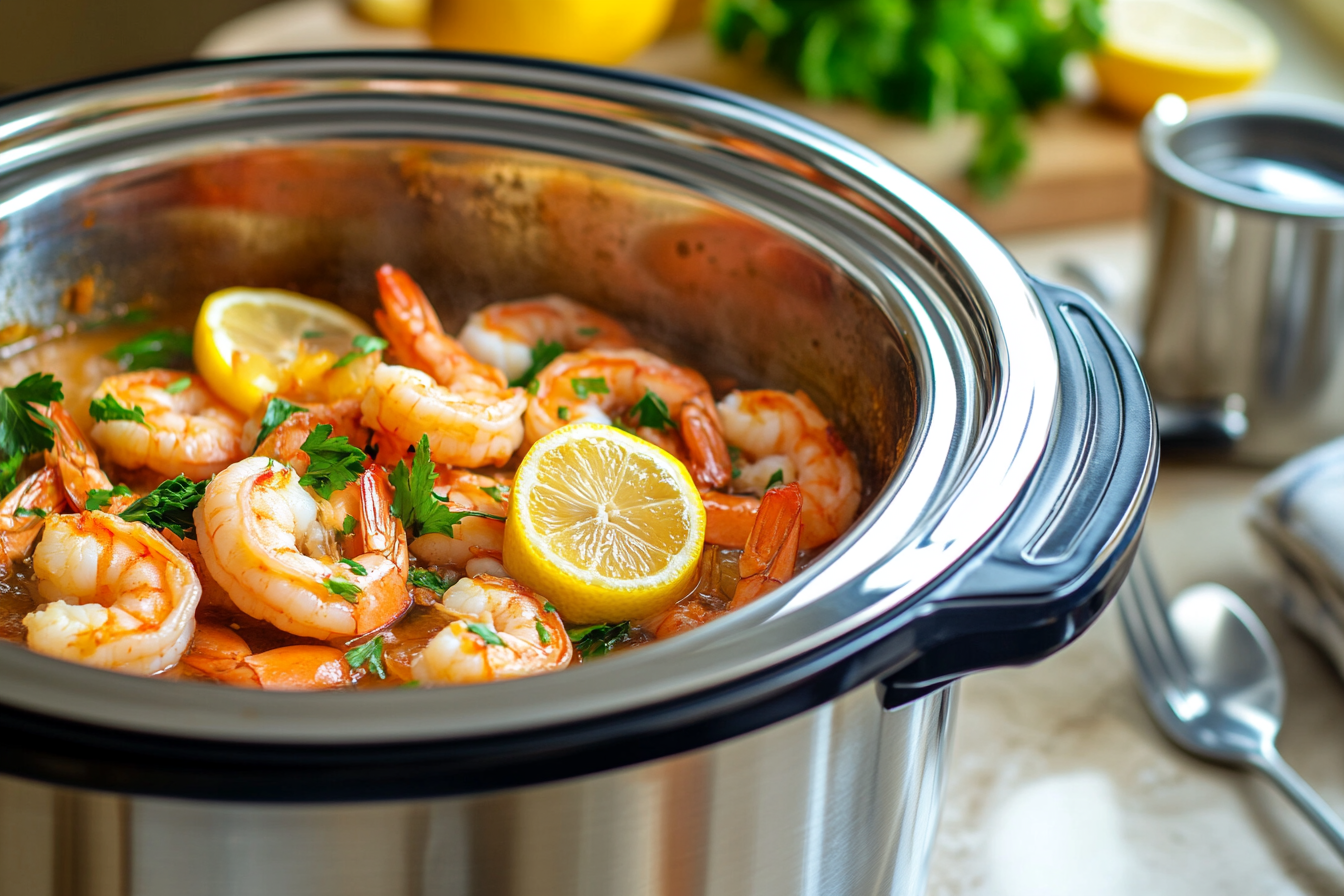 A slow cooker with a shrimp dish garnished with herbs and lemon slices.