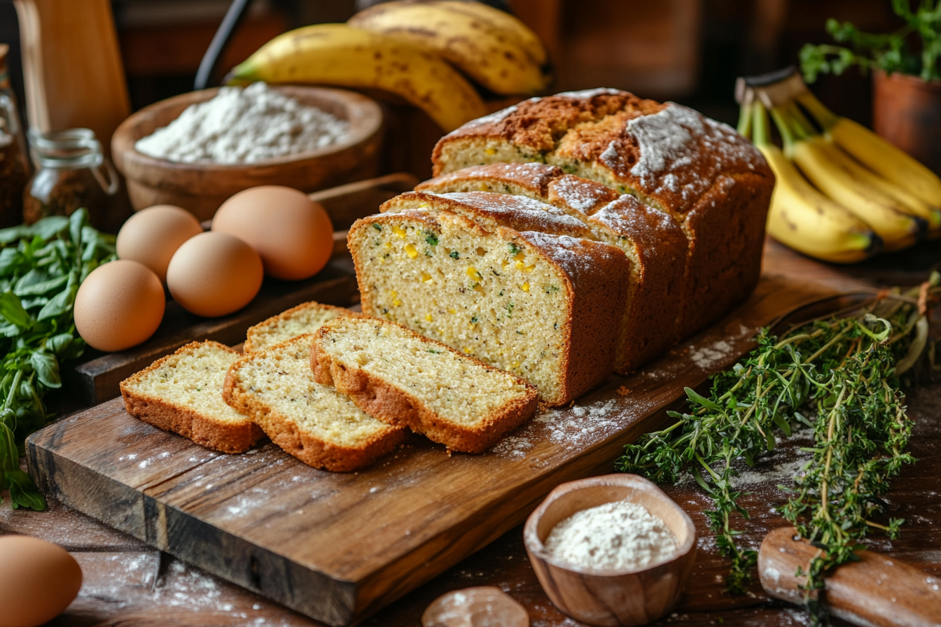 Assorted slices of sourdough quick bread on a wooden board, surrounded by ingredients like flour, eggs, and bananas.