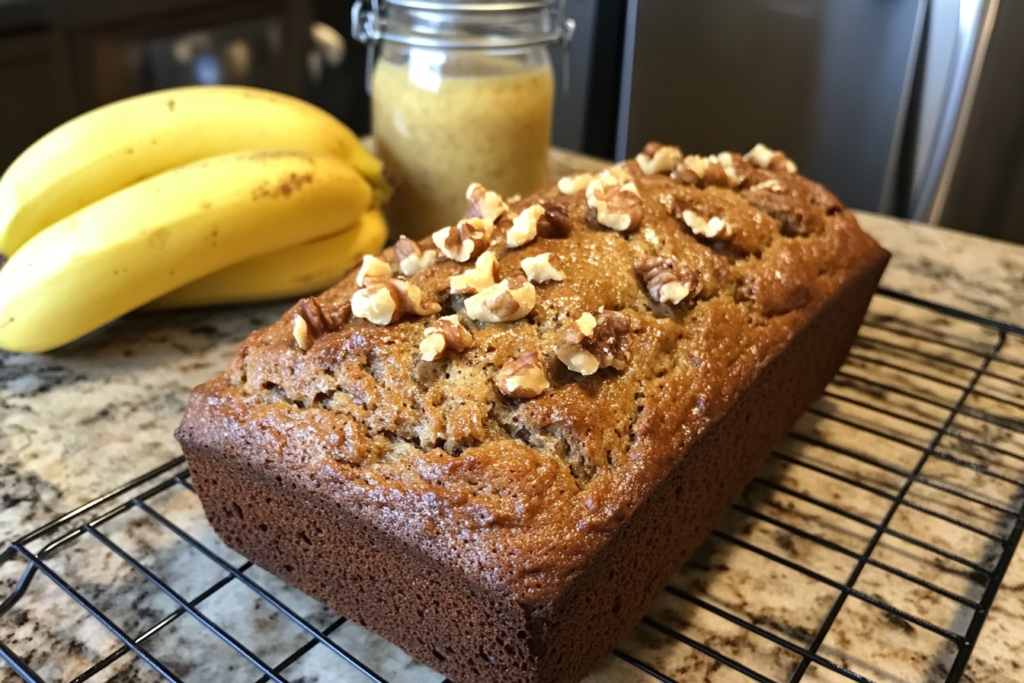 A freshly baked loaf of sourdough banana bread on a cooling rack