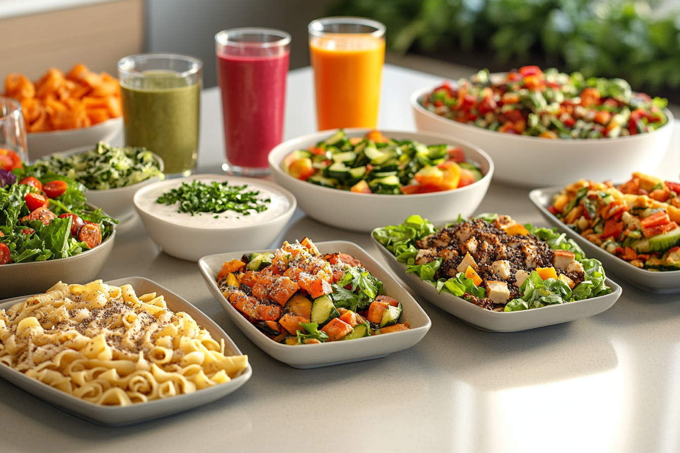 A colorful array of vegan dishes including salads, pasta, smoothies, and desserts.