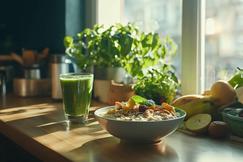 A bowl of vegan oatmeal topped with fruits and nuts, alongside a green smoothie.