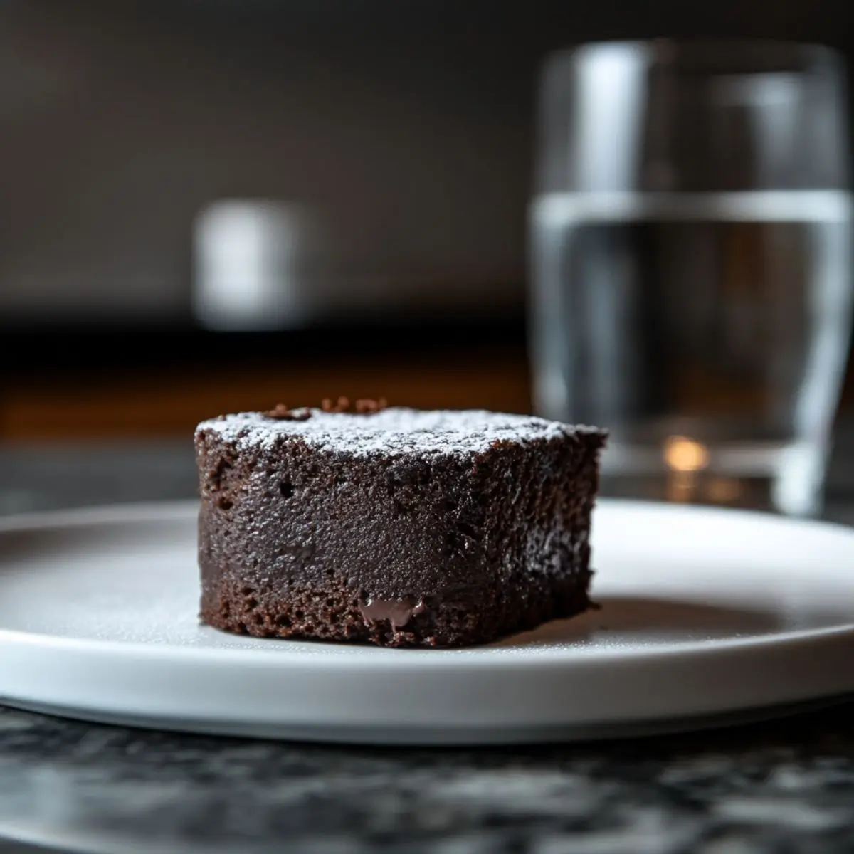 A Rich And Gooey Chocolate Pudding Cake Served On A White Plate With A Dusting Of Cocoa Powder, Placed On A Marble Countertop[1]