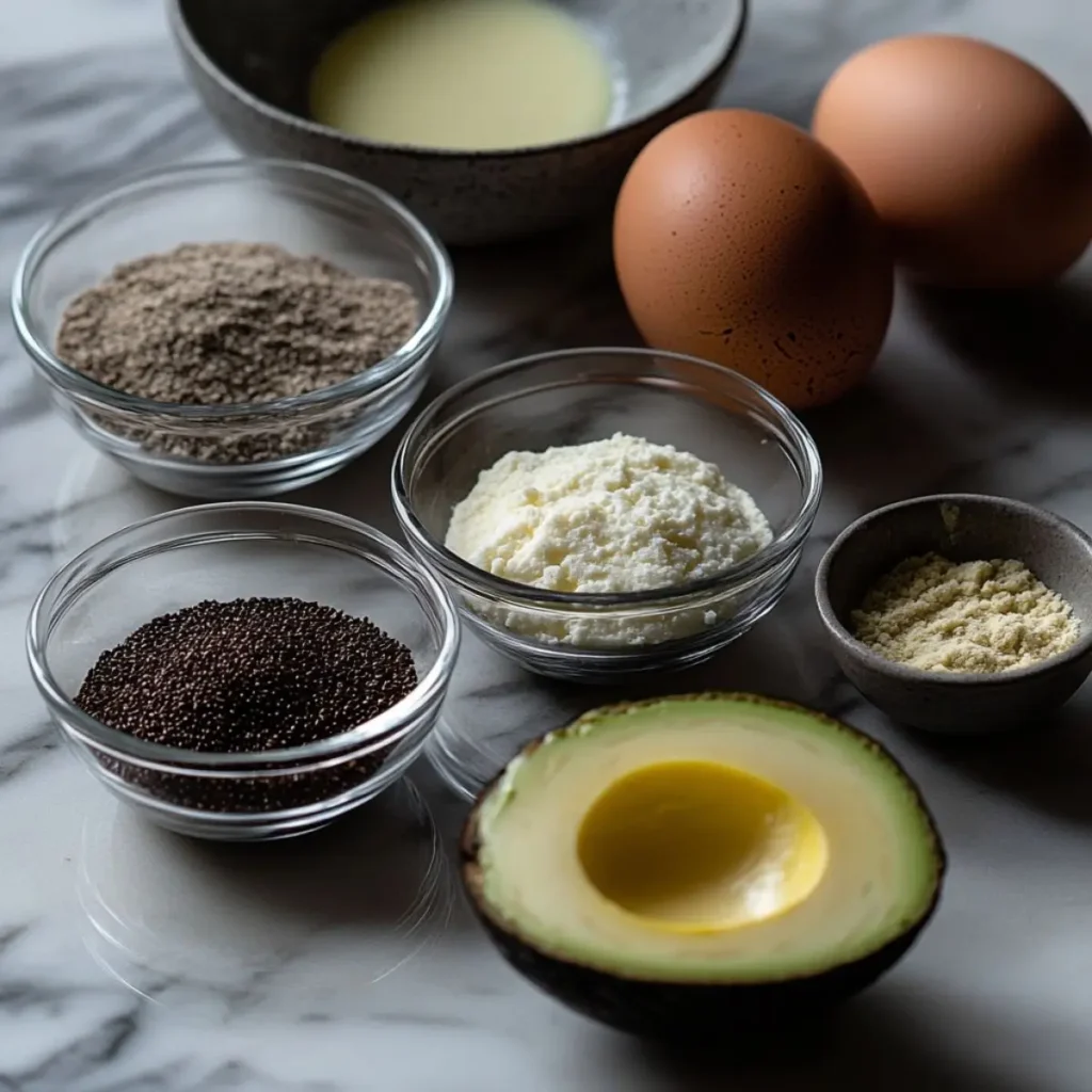 Avocado, Eggs, Ricotta Cheese, And Chia Seeds On A Marble Countertop.