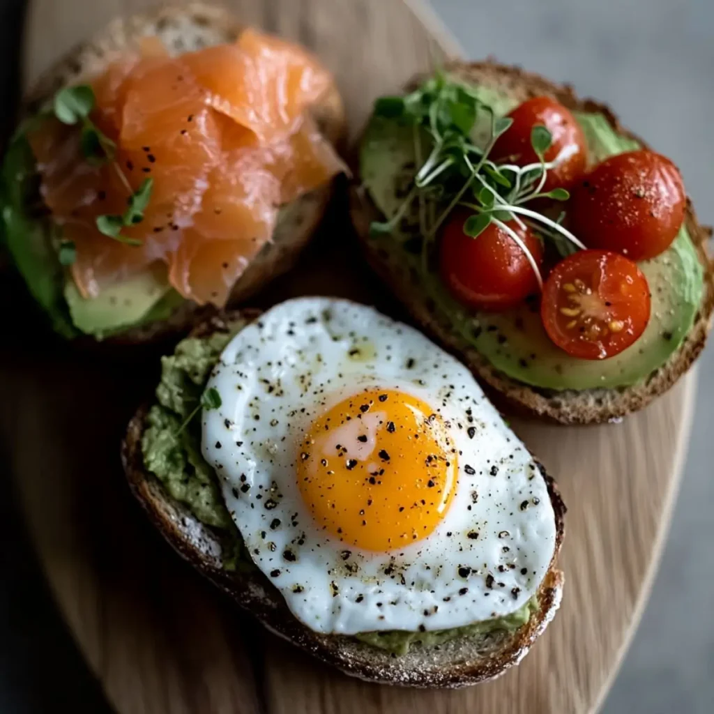 Three Variations Of Avocado Toast With Egg, Salmon, And Tomatoes.